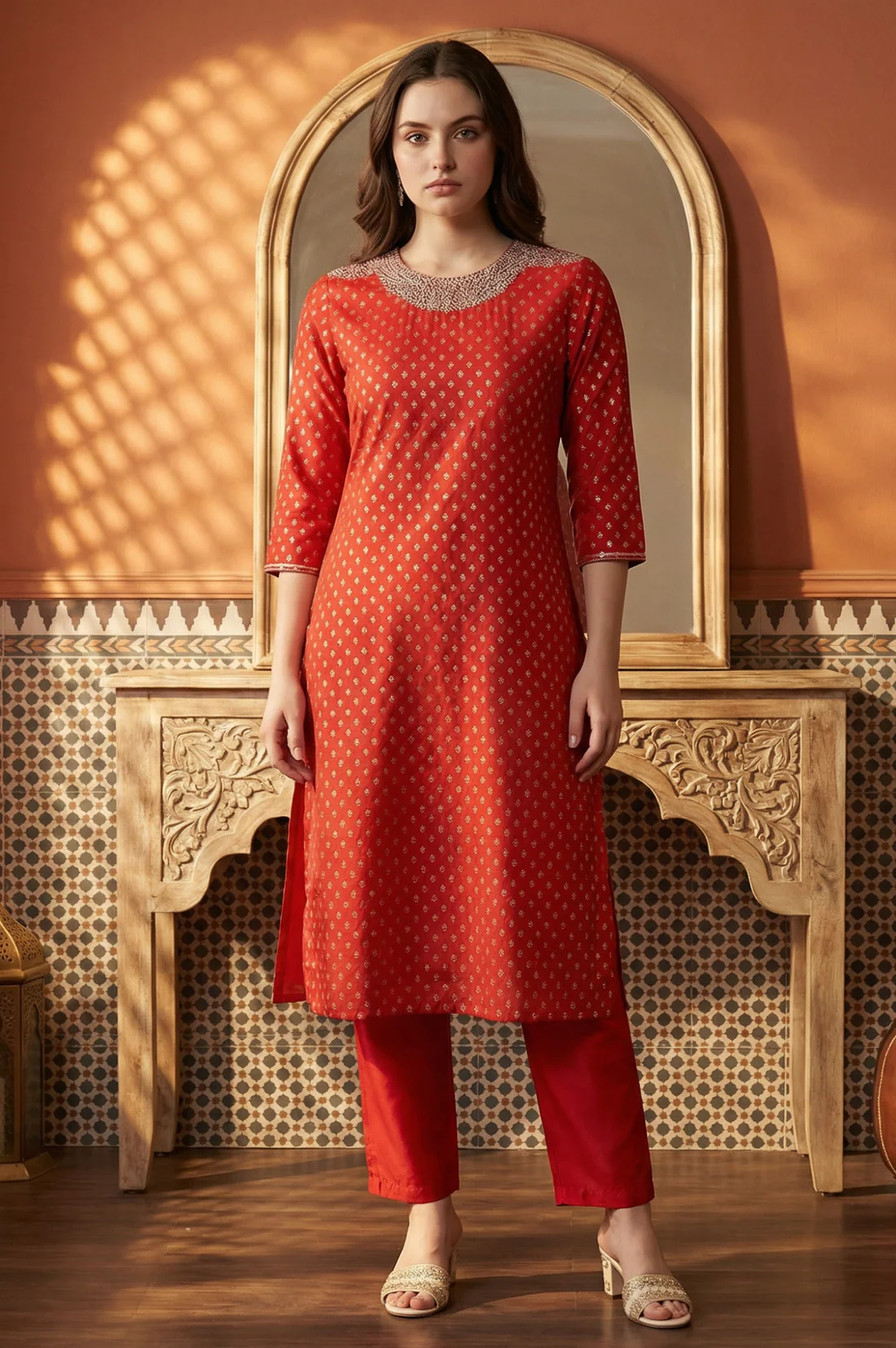 Maroon Glitter Printed Rayon Straight Kurta